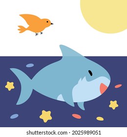 Cheerful cute blue shark swims in the sea world with fishes.  Vector illustration of marine animals and the underwater world in the ocean.  Underwater inhabitant.  Education for children and coloring.