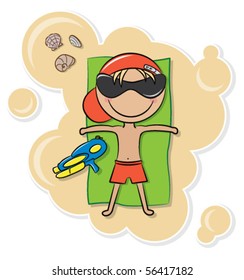 Cheerful cute boy relax on the beach after game with water pistol