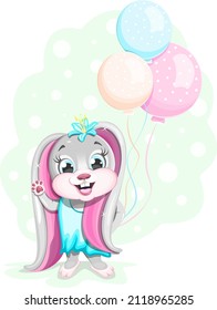 Cheerful and cute bunny holding 3 balloons