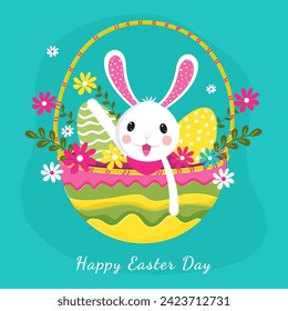 Cheerful Cute Bunny with Painted Eggs inside Floral Basket for Happy Easter Day Celebration Concept.