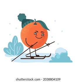 Cheerful cute cartoon character tangerine skiing in winter. Childrens vector illustration christmas