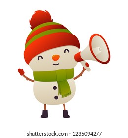 Cheerful cute cartoon snowman with megaphone isolated on white background