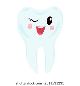 A cheerful and cute cartoon tooth winking and smiling. A happy tooth with big eyes, rosy cheeks and a playful expression. For healthcare, pediatric dentistry.