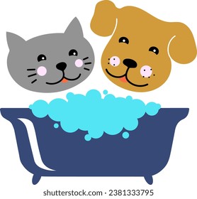 Cheerful cute cat and dog are washing in the bathroom. Design for grooming salon and pet care