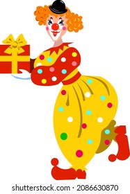 Cheerful cute clowness in yellow clothes with colored polka dots in red shoes and with a gift Vector illustration in flat style isolated on white background