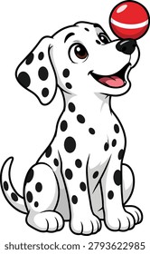 Cheerful cute dalmatian dog balancing red ball on nose mascot
