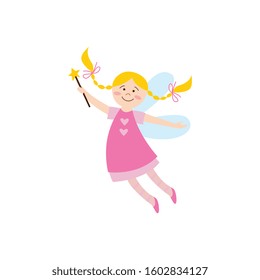 Cheerful cute fairy girl or elf in a pink dress with magic wand the cartoon flat vector illustration isolated on white background. Fantasy flying childish character.
