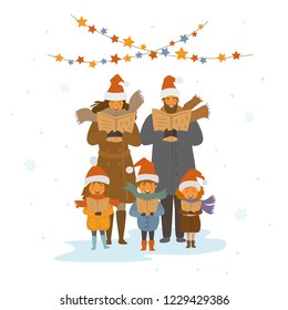 cheerful cute family, adults and kids singing Christmas songs carols, isolated vector illustration scene