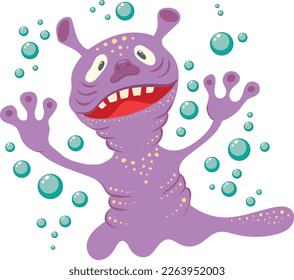 Cheerful cute fantastic monster. Lilac creature with a background of bubbles. Vector isolated image for t-shirt stickers magnets and postcards