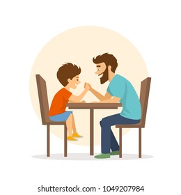 cheerful cute father and son arm wrestling, having fun together playing isolated vector illustration scene