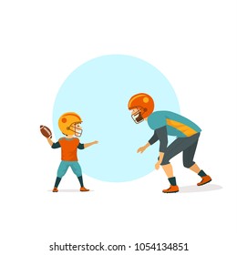 cheerful cute father and son playing american football isolated vector illustration scene