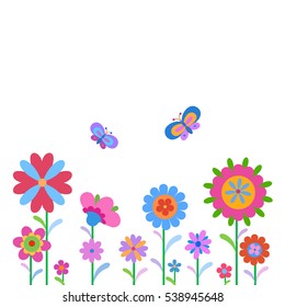 Cheerful, cute flowers and butterfly painted in a naive manner