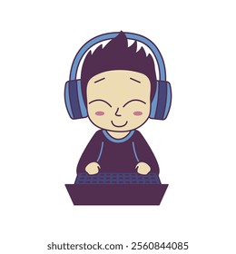 Cheerful Cute Gamer Boy Kid Character Wearing Headset Enjoying Playing Game with Laptop