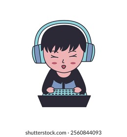 Cheerful Cute Gamer Boy Kid Character Wearing Headset Enjoying Playing Game with Laptop