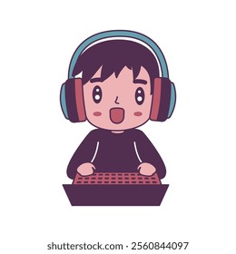 Cheerful Cute Gamer Boy Kid Character Wearing Headset Enjoying Playing Game with Laptop