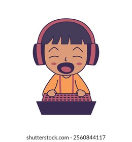 Cheerful Cute Gamer Boy Kid Character Wearing Headset Enjoying Playing Game with Laptop