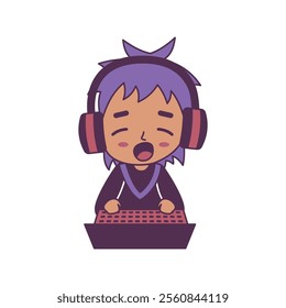 Cheerful Cute Gamer Boy Kid Character Wearing Headset Enjoying Playing Game with Laptop