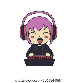 Cheerful Cute Gamer Girl Kid Character Wearing Headset Enjoying Playing Game with Laptop