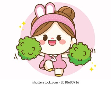 Cheerful cute girl cheerleader holding pom pom Hand drawn cartoon art illustration