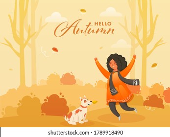 Cheerful Cute Girl with Dog Character on Nature Background for Hello Autumn. Can be used as poster or banner design.