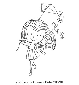 Cheerful cute girl is flying a kite with happy face. Vector illustration. Girl is playing kite.