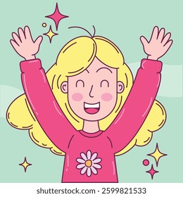Cheerful cute girl with golden hair rejoices with closed eyes cartoon face vector