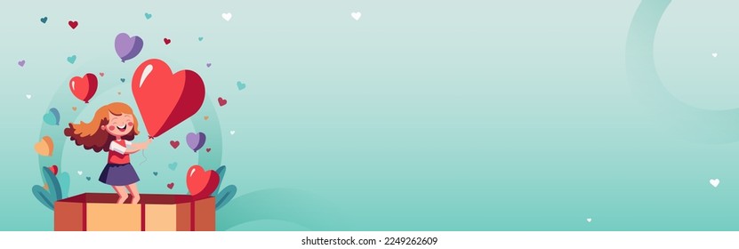 Cheerful Cute Girl With Heart Shape Balloons Coming Out of Surprise Box And Copy Space On Light Turquoise Background. Happy Valentines Day Concept.