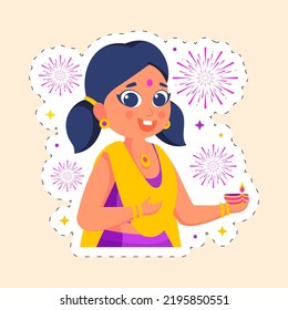 Cheerful Cute Girl Holding Diya (Oil Lamp) Against Firework In Sticker Style.