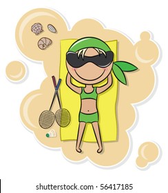Cheerful cute girl relax on the beach after badminton game