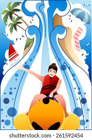 A Cheerful Cute Girl and Summer Tropical Island - a happy young female enjoying fun with stretching her hand on banana boat on a background with bright blue sky and white clouds : vector illustration