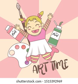 A cheerful cute girl who is excited to do art.