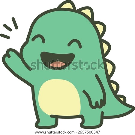 Cheerful cute green dinosaur waving happily, saying hi with a big smile