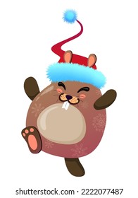 Cheerful cute hamster in christmas red hat. New year art in cartoon style. Vector illustration isolated on white background.