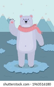 Cheerful cute happy cartoon kind polar bear on an ice floe in the ocean greet illustration drawing graphics