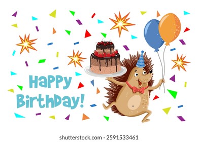 Cheerful cute hedgehog with balloons and cake, birthday card. . Vector illustration