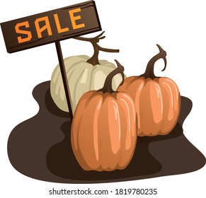 A cheerful and cute image of pumpkins of different colors and shapes with a SALE sign. Banner, poster, voucher, offer, coupon, holiday sale. Vector illustration. picture for the president of Halloween
