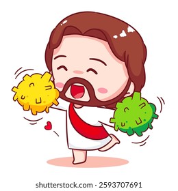 Cheerful cute Jesus chibi giving encouragement cartoon character. Christian Catholic concept design. Vector icon mascot illustration.