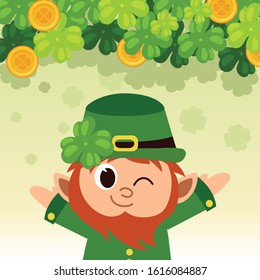 cheerful Cute leprechaun hands up poster. Vector illustration. Banner.St Patrick's Day.