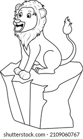 A cheerful and cute lion sits on a rock. Children's coloring page
