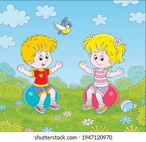 Cheerful cute little kids in colorful sport clothes doing exercises on big fitness balls in a gymnastic lesson on a green playground in a summer park, vector cartoon illustration