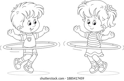 Cheerful cute little kids sport clothes playing and fun spinning hoops in a gymnastic lesson, black and white outline vector cartoon illustration