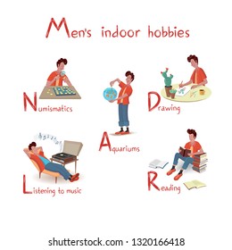 Cheerful cute man is engaged in activities: numismatics, reading, listening to music, aquariums, drawing.
Set of isolated vector illustrations with texture in cartoon style.