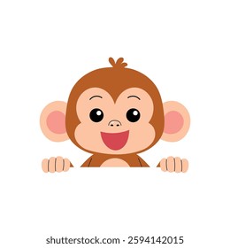 cheerful cute monkey cartoon character peeking over the edge illustration