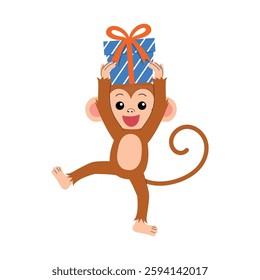 cheerful cute monkey cartoon character holding gift box over the head illustration