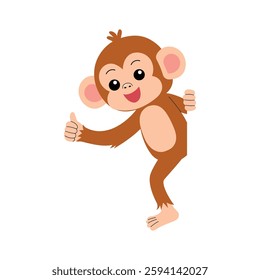 cheerful cute monkey cartoon character peeking over the edge and giving thumbs up illustration
