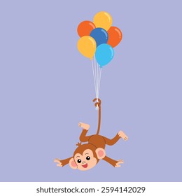 cheerful cute monkey cartoon character hanging by tail with colorful balloons illustration