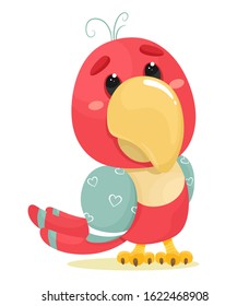 A cheerful and cute parrot with patterns in the form of hearts on the wings. Vector illustration in cartoon flat style. White background.