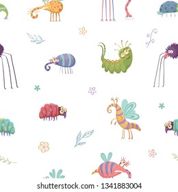 Cheerful cute pattern with funny colorful bugs on a white background
