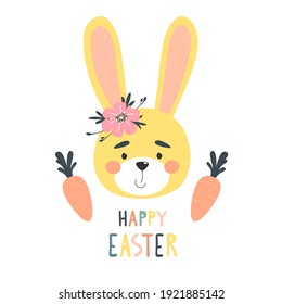 Cheerful and cute rabbit print with the words Happy Easter. Vector flat illustration.