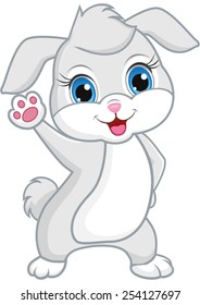 Cheerful, cute rabbit waving hand.